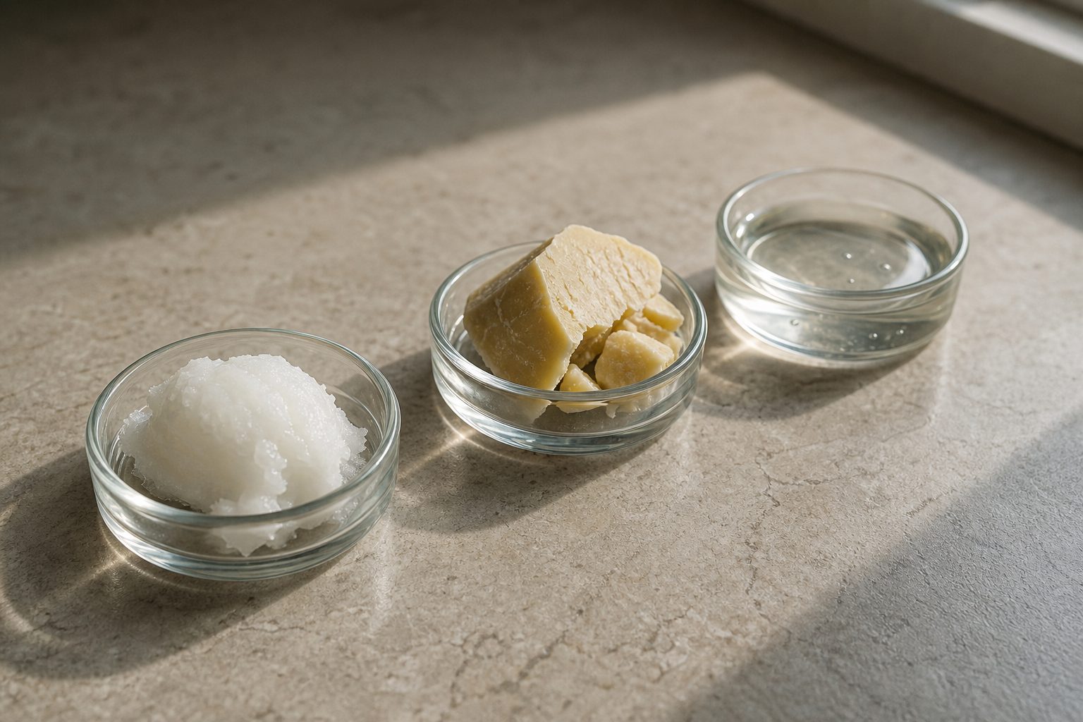 Three small glass dishes on a sunlit stone counter holding solid coconut oil, broken pieces of cocoa butter and a clear serum; the oil and the butter both carry a high comedogenic rating