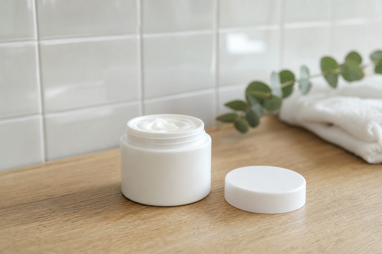 An open, unlabeled white jar of moisturizer with its lid set beside it on a light oak vanity, with white wall tiles, a sprig of eucalyptus and a folded white towel behind