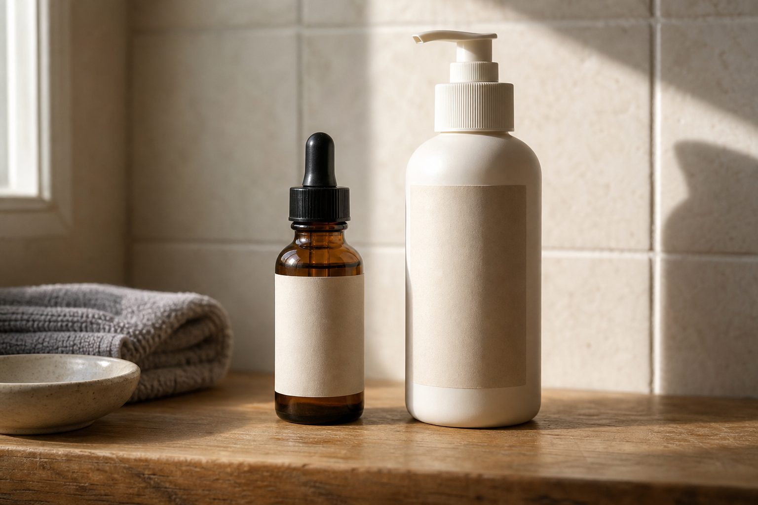 An unbranded amber dropper bottle and a white pump bottle with plain blank labels on a wooden bathroom shelf, a quiet starting point for learning how to read skincare ingredient labels