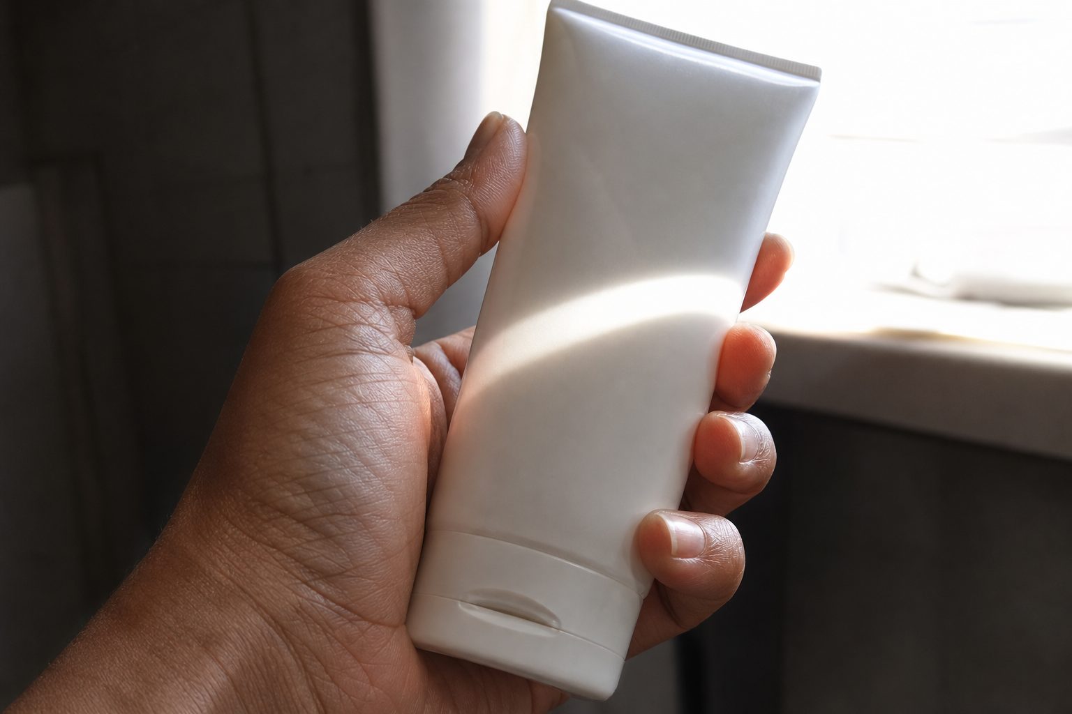 A hand holding a small white squeeze tube near a bright window, with a streak of glare across its curved surface