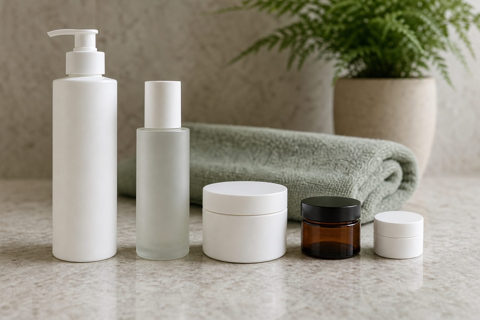 Five plain, unlabeled cosmetic containers lined up from tallest to shortest on a pale stone vanity, with a folded sage-green towel and a small potted fern