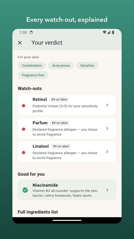 Store screenshot captioned 'Every watch-out, explained': a DermDecode verdict for a Combination, Acne-prone, Sensitive, Fragrance-free profile, listing Retinol #4 on label, Parfum #8 on label and Linalool #9 on label as watch-outs, and Niacinamide under Good for you