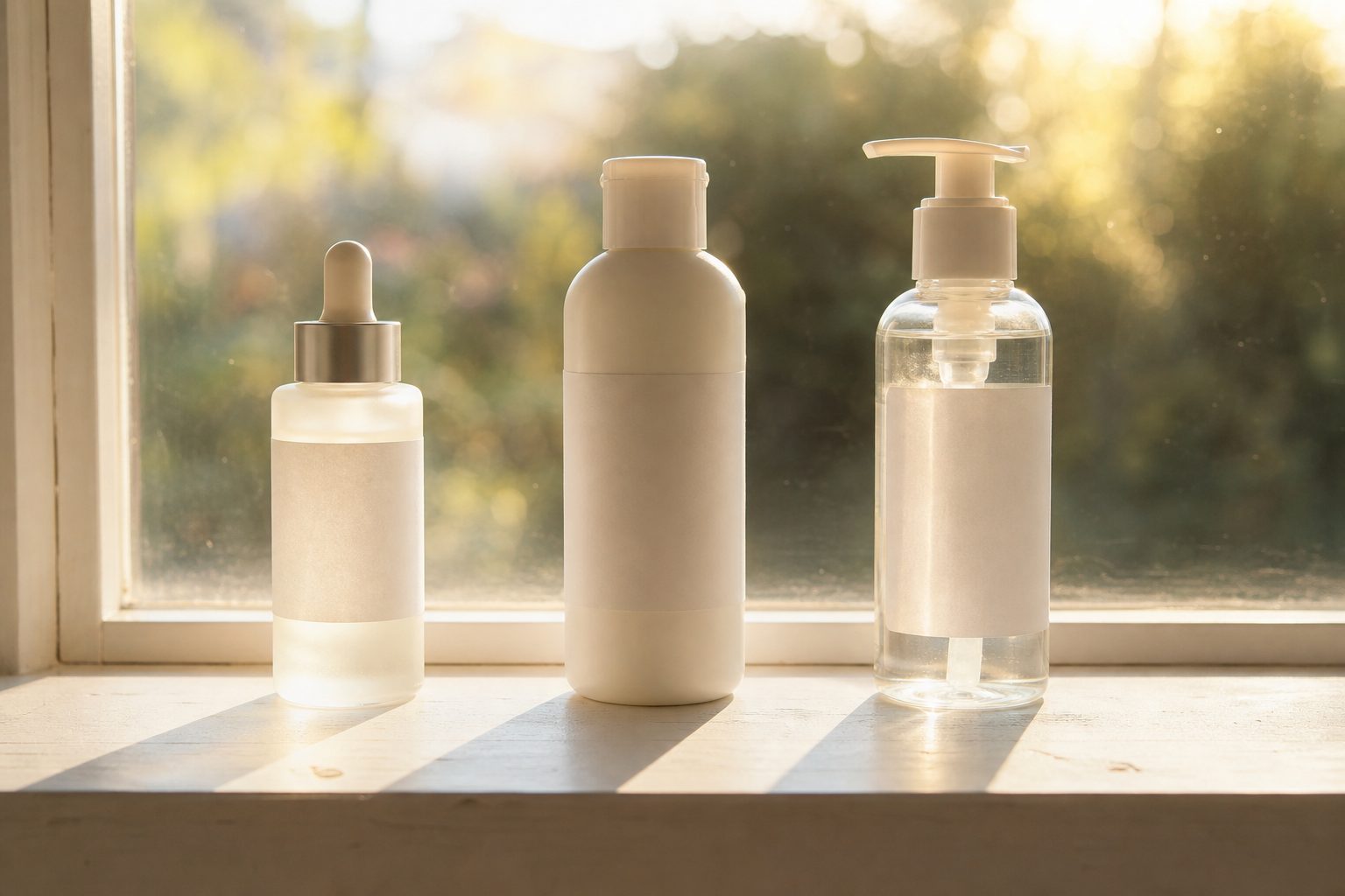 Three unbranded skincare bottles with blank labels lined up on a windowsill in morning light, a reminder that how to know if a skincare product is right for your skin starts with the back label