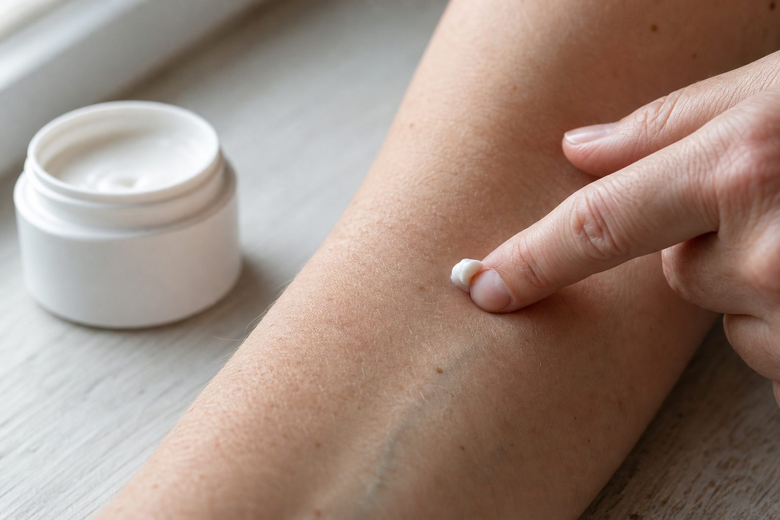A fingertip dabbing a small amount of white cream onto a bare forearm, next to an open unbranded jar of cream