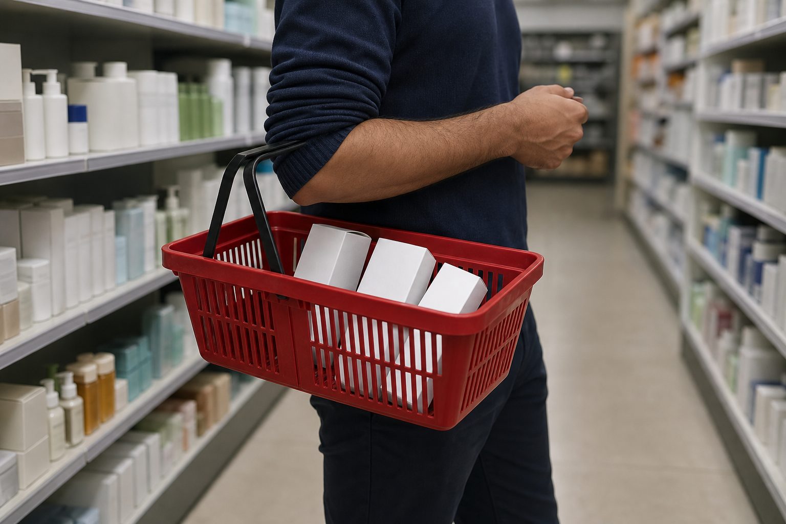 A red shopping basket on a forearm in a pharmacy aisle, holding plain white skincare boxes, with blurred shelves of unbranded products behind