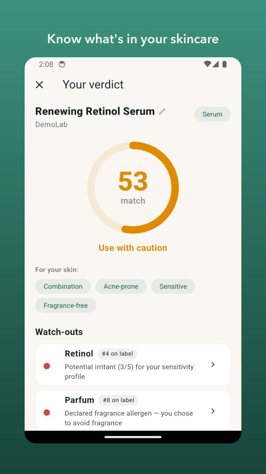 Store screenshot captioned 'Know what's in your skincare': the DermDecode verdict screen for the demo product Renewing Retinol Serum by DemoLab, showing a 53 match rated Use with caution, profile chips Combination, Acne-prone, Sensitive and Fragrance-free, and watch-outs for Retinol #4 on label and Parfum #8 on label